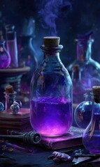 Glowing purple potion in a glass bottle with cork stopper, surrounded by other glass vessels, books, and mystical objects on a dark surface, emitting ethereal purple light and smoke