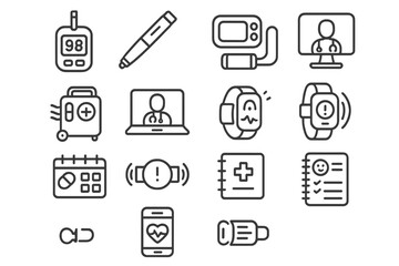 Medical technology icons set: wearables, devices, health monitoring