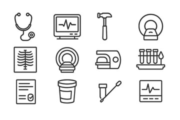 Medical equipment icons featuring stethoscope, x-ray, mri, and test tubes