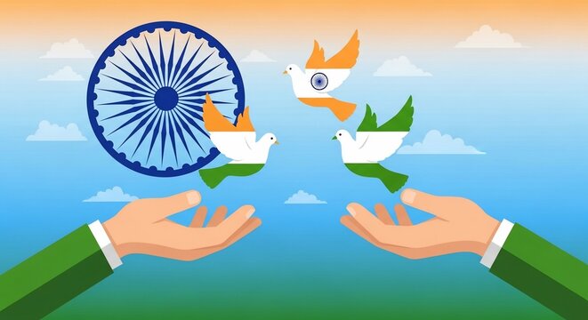 Indian Independence Day Celebration with Doves and Ashoka Chakra Illustration