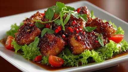 Gourmet Asian Chicken Dish with Lettuce, Tomatoes, and Chili Flakes