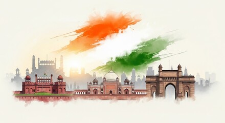 Watercolor Skyline of India's Famous Monuments with Tricolor Flag Background