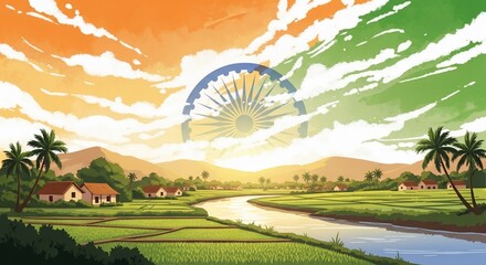Indian flag colors in the sky over a serene rural village landscape with a river.