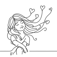 Dreamy girl with flying hearts around outline drawing, vector, black line drawing, minimalistic, single line, simple line, isolated, transparent background