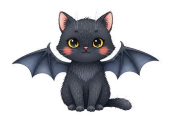 Cute black cat with bat wings isolated on transparent background