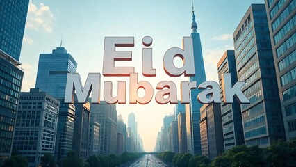 New York City's urban skyline boasts iconic skyscrapers and towering architecture, a vibrant business hub downtown and a floating 3d text Eid Mubarak