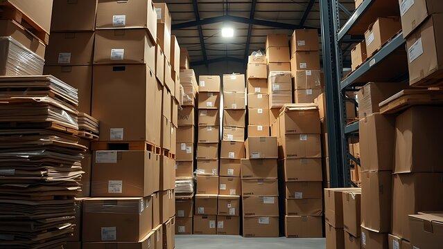 Neatly stacked cardboard boxes in a warehouse, illuminated by soft overhead lighting.