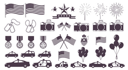 Fototapeta premium Vector illustration of collection of american patriotic symbols including flags, medals, police cars, cameras, fireworks, and balloons, isolated on a white background