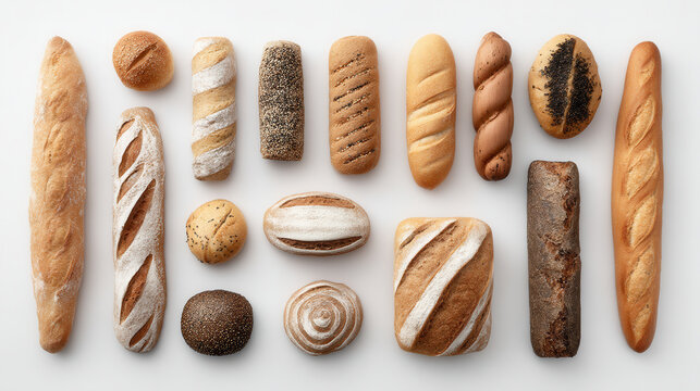 Delicious assortment of freshly baked breads showcasing diverse shapes, textures, and aromas on a pristine white backdrop