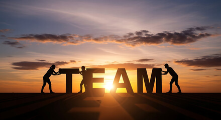 Business teamwork concept, people working together to build the word TEAM.