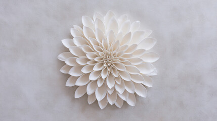 Elegant abstract white flower design showcasing delicate dahlia petals on a serene gray canvas background