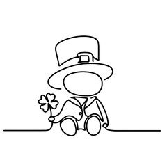 Little leprechaun with clover leaf, vector, black line drawing, minimalistic, single line, simple line, isolated, transparent background