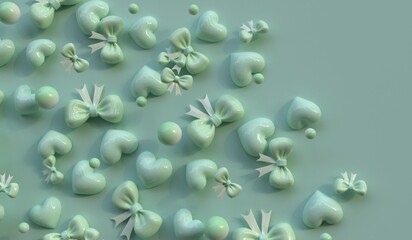 Heart and bow background, empty scene decorated with hearts, 3D illustration