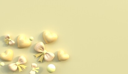 Heart and bow background, empty scene decorated with hearts, 3D illustration