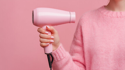 Stylish and feminine visual featuring a cropped view of a woman holding a blow dryer — ideal for haircare ads or beauty blog headers.