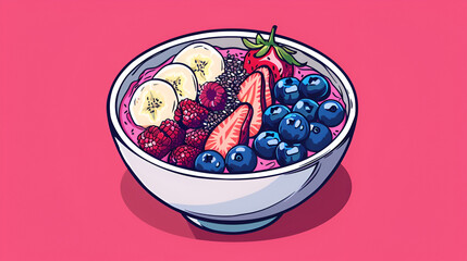 A smoothie bowl with bananas raspberries strawberries and blueberries on a pink background art style .