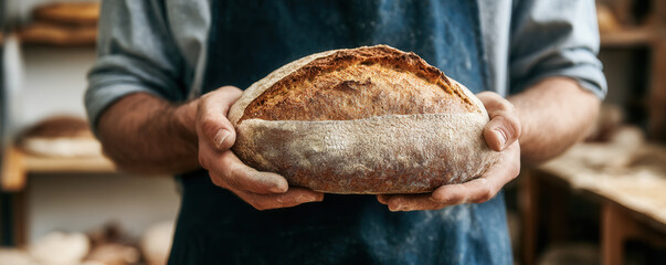 Celebrating the artistry of bread making with a baker proudly presenting a freshly baked loaf in a warm workshop