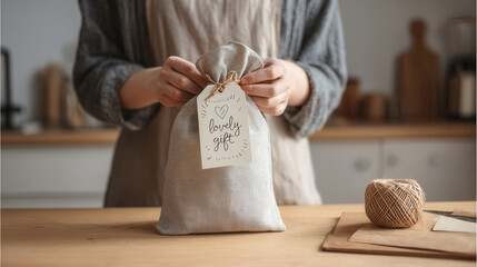 Crafting a heartfelt gift bag from linen cloth in a cozy kitchen setting, perfect for special occasions and personal touches