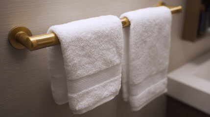 Obraz premium Elegant close-up of crisp white towels hanging on a luxurious brass rack in a sophisticated hotel bathroom setting