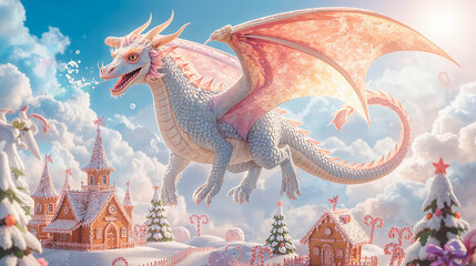 Fototapeta premium Whimsical Dragon Over Candy Village