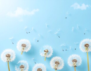 Obraz premium Fluffy dandelion seeds on a pale blue background