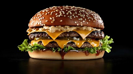 wide angled shot of a delicious, multi-layered hamburger with juicy beef patties, melted cheese, fresh lettuce, and rich sauces dripping down 