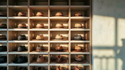 Shelf of organized layout of assorted stylish hats in wooden cubby shelves, fashion retail display, boutique store interior, warm sunlight casting shadows, cozy inviting atmosphere, rustic decor back