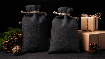 Elegant dark gray linen pouches with twine near festive gift boxes against a sleek black backdrop for stylish product displays