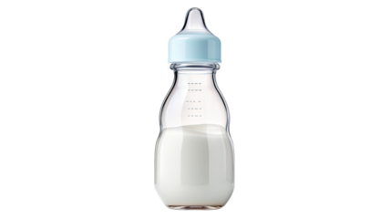 Baby milk feeding bottle with nipple cap isolated on white background

