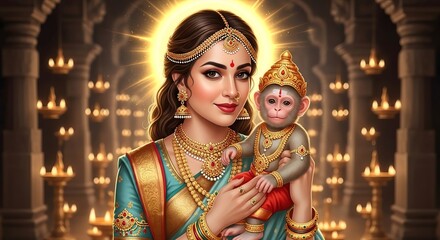 Indian goddess holding baby hanuman hinduism divine mother and child spiritual art ai art