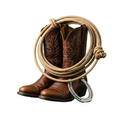 Classic western cowboy boots and lasso rope arranged together with a horseshoe on a transparent background isolated on transparent background