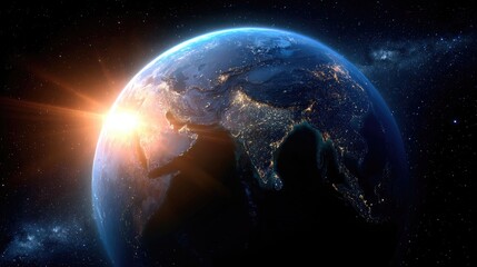 Fototapeta premium Sun rising over Earth, illuminating Asia's city lights against a backdrop of starry space, showcasing atmospheric detail