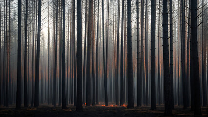Tall slender trees in a dense forest with warm light filtering through