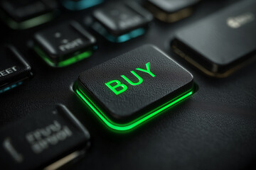 Green glowing BUY button on a black keyboard