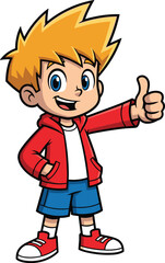PrintCartoon boy thumbs up, red jacket, blue shorts, white shoes, cheerful child character, isolated vector drawing, smiling positive attitude