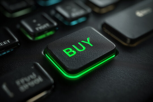 Green glowing BUY button on a black keyboard
