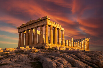Ancient temple stone columns at sunset architecture