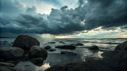Obraz premium Dramatic storm clouds gather over a rocky shoreline with churning waves and distant rain