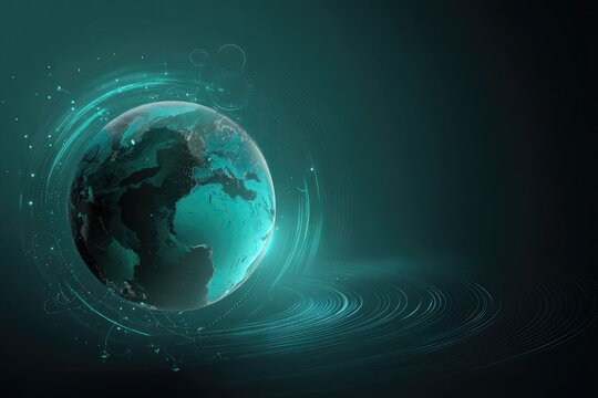 Teal globe encircled by glowing rings, set against a dark teal gradient background, suggesting global connectivity and digital technology