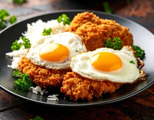 Crispy fried chicken, fried eggs, and rice