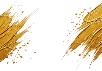 Abstract gold paint brush strokes and splatters isolated on white isolated on transparent background