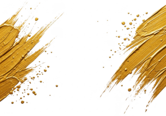 Abstract gold paint brush strokes and splatters isolated on white isolated on transparent background
