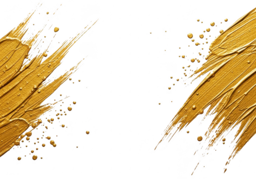 Abstract gold paint brush strokes and splatters isolated on white isolated on transparent background