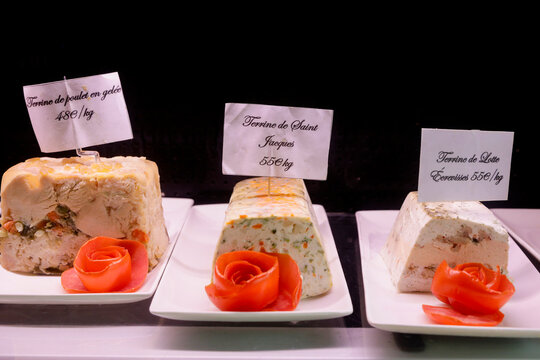 Paris France. Food markets around the 18th Arrondissment. Variety of pates.
