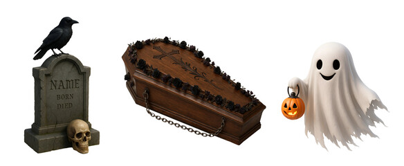 Halloween transparent set Tomb, Coffin and Little Ghost