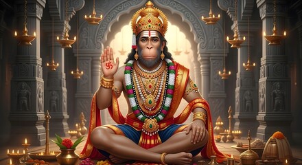 Hanuman hindu god digital art, indian deity, religious figure, temple, hinduism, faith
