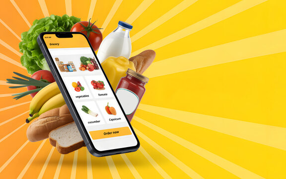 Photo of smartphone displaying a food app with groceries in background - Powered by Adobe