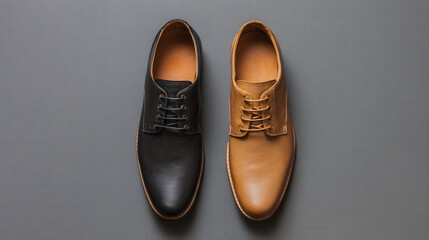 Stylish mens formal dress shoes display in classic black and tan colors on gray background for a fashionable flat lay concept