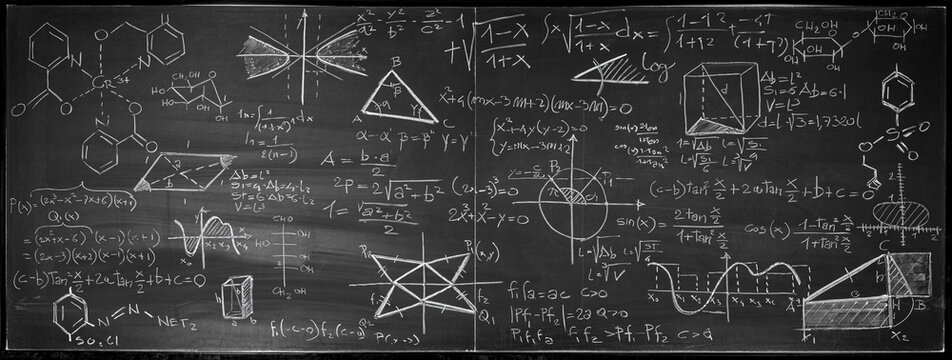 Complex scientific formulas and equations large chalkboard