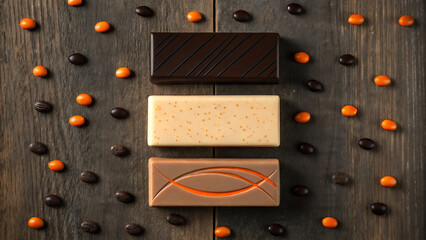 Three bars of artisanal chocolate artfully arranged on a rustic wooden surface